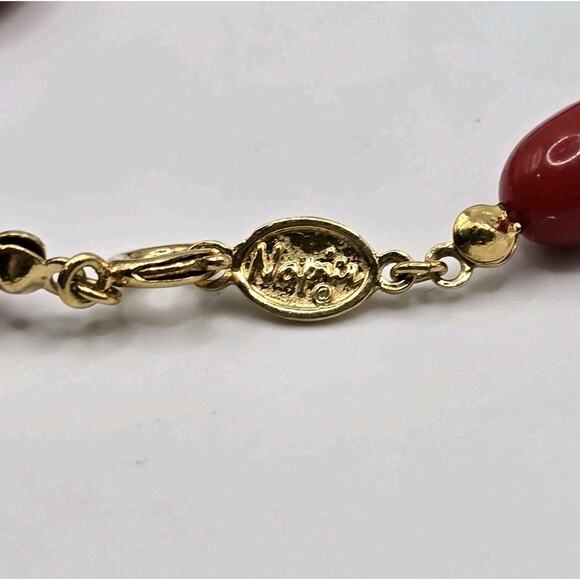 Vintage Napier Necklace Bright Red Gold Tone Oval Shaped Beads 28" L SKU 2258 - Picture 5 of 12